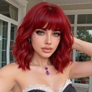Short Red Wig, 14 Inches, Heat Resistant Natural Wave Wigs With Bangs, Cosplay